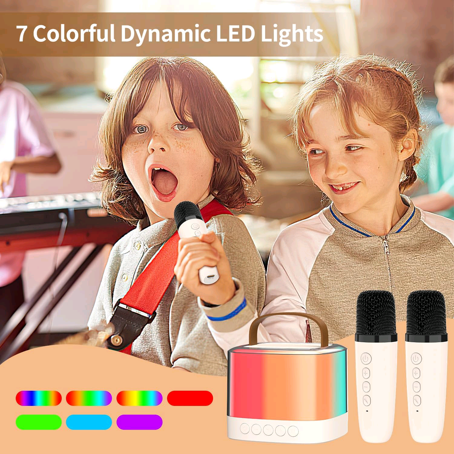 Karaoké Enfant Multifonction avec 2 Microphones & Lumières RGB
